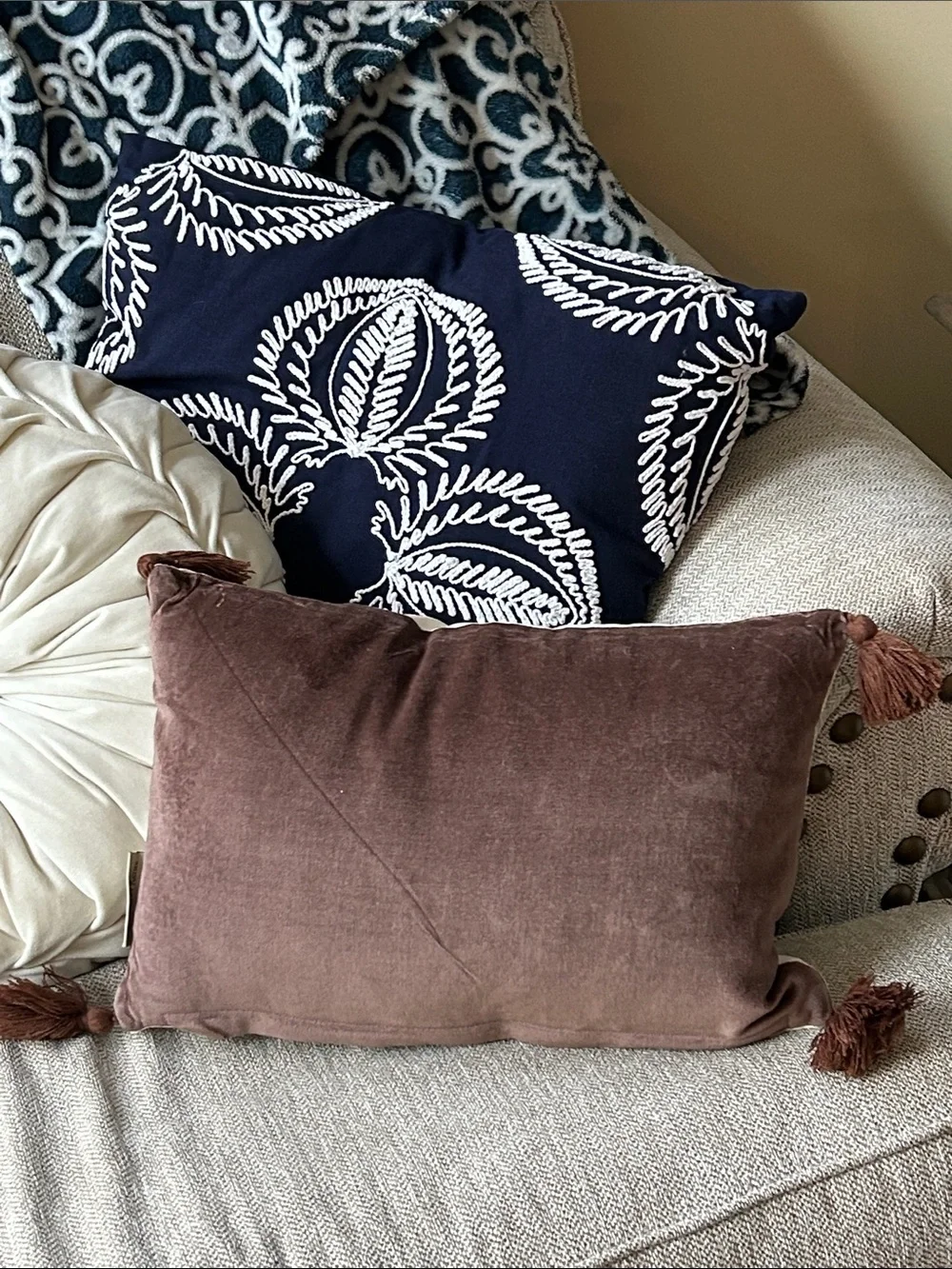 NEW! Fall Harvest Sweater Weather Cream Toss Pillow with Brown Script & Tassels